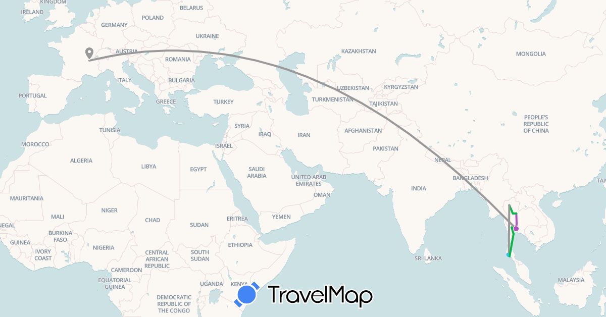 TravelMap itinerary: driving, bus, plane, train, boat in France, Thailand (Asia, Europe)